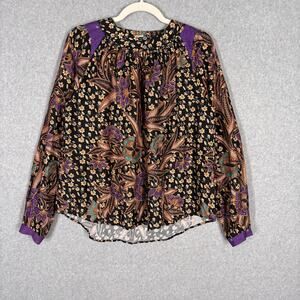 Warm Blouse Medium Black Purple‎ Floral Flowy Cotton Maximalist Boho Feminine